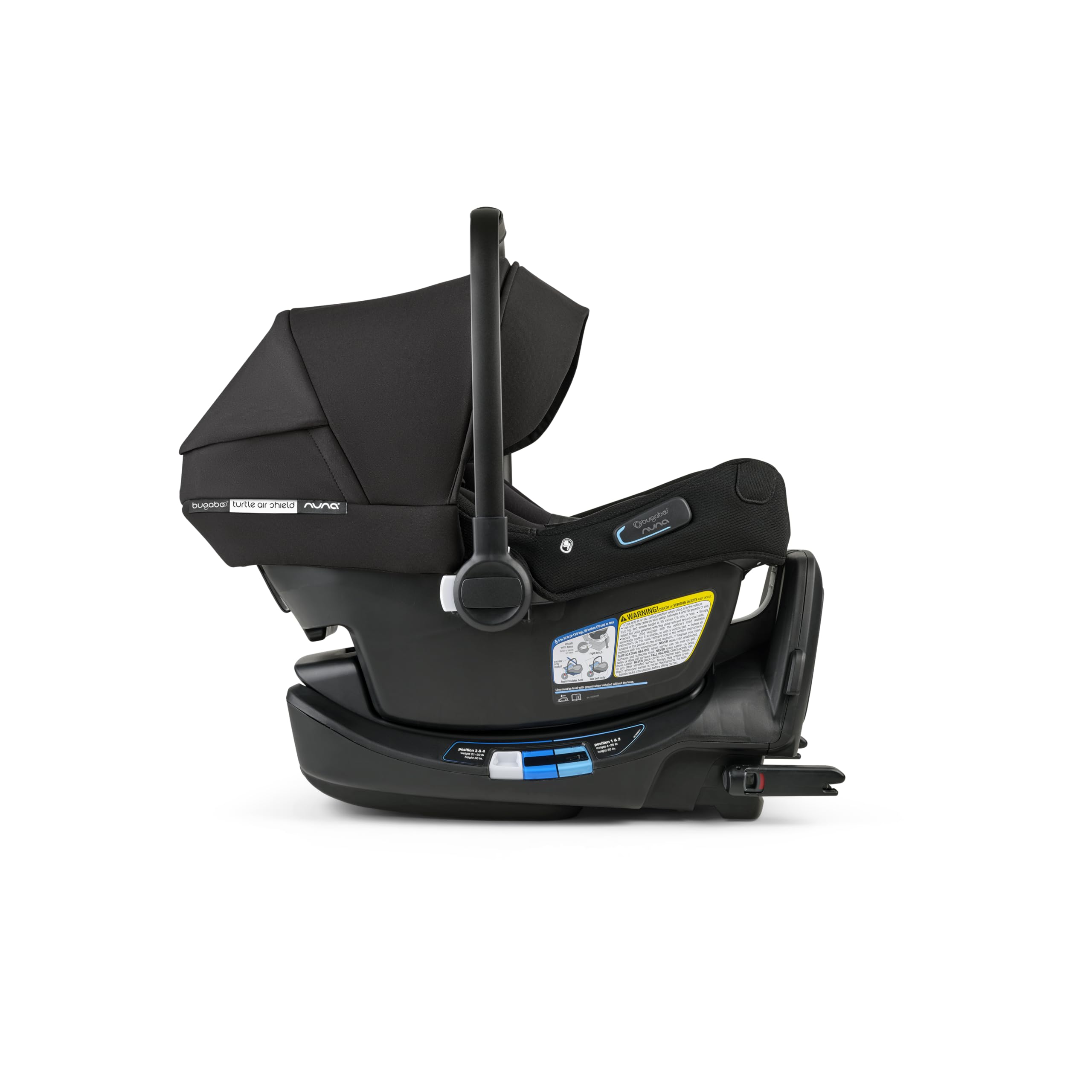 Bugaboo Turtle Air Shield side view shows travel-system compatibility with Bugaboo strollers.