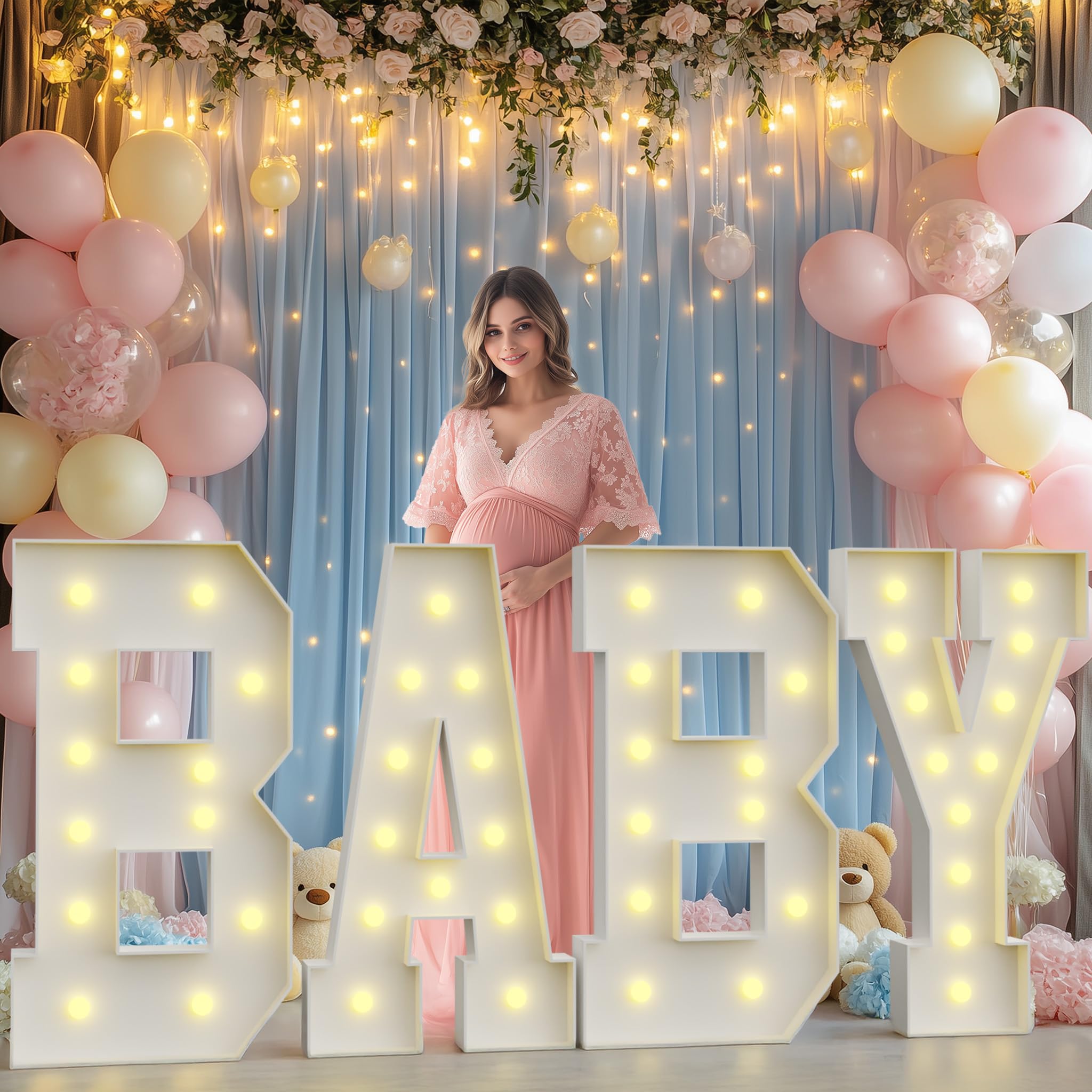 Bugame marquee letters display for baby shower with warm glow for a festive shower.
