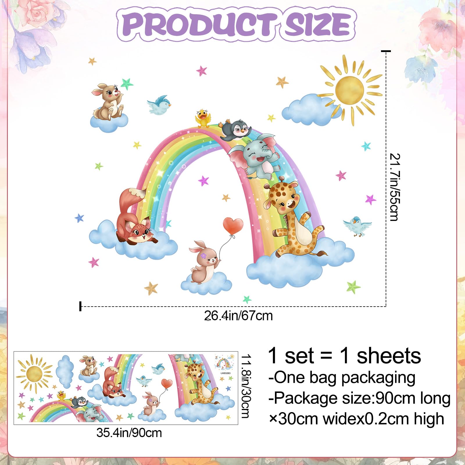 Buiory rainbow animals decal closeup shows whimsical creatures perfect for kids rooms.