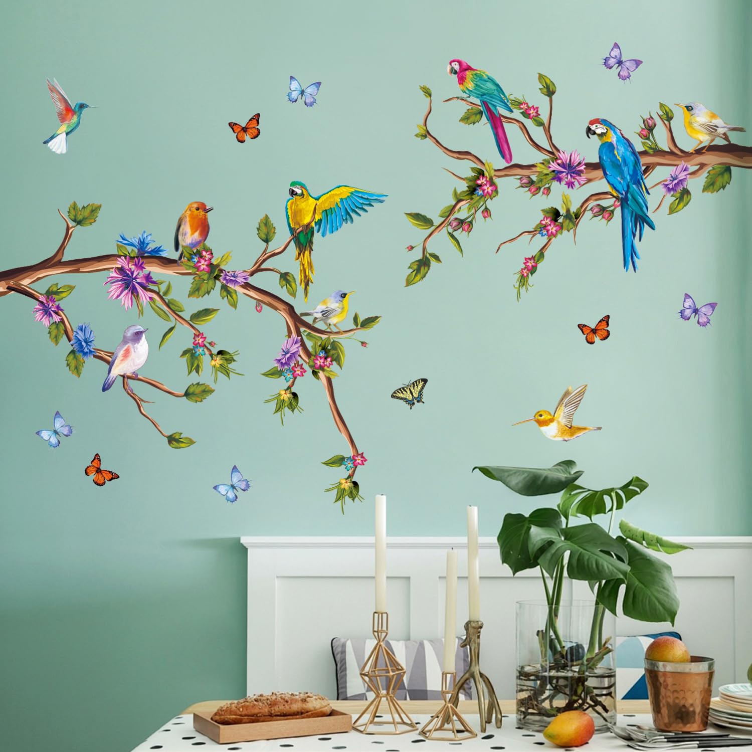 Buiory watercolor parrot wall stickers installation – easy peel-and-stick for damage-free, quick room transformation.