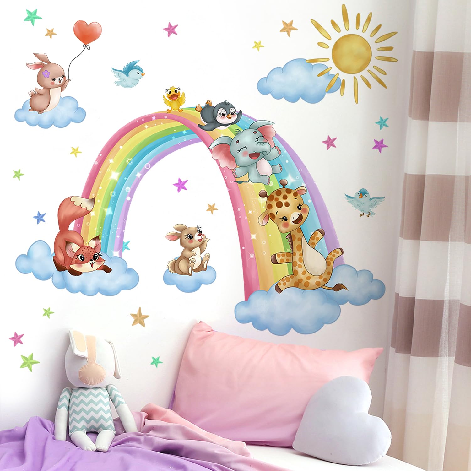 Buiory watercolor rainbow wall mural for kids room adds color without permanence.
