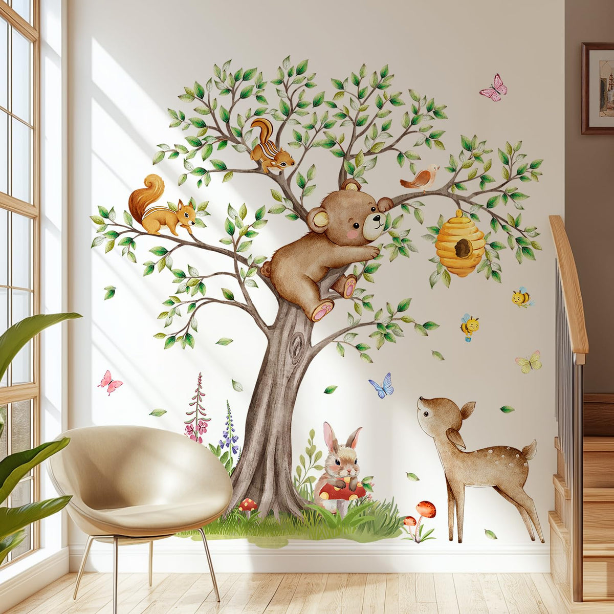 Buiory Woodland Animals Tree Wall Stickers form a giant forest focal point in nurseries.