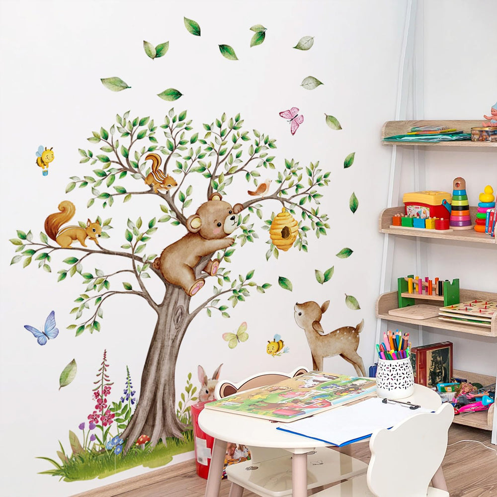 Buiory giant tree wall decals transform a kid's bedroom into a cozy forest escape.