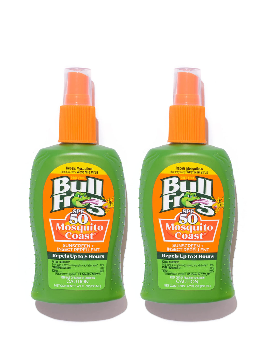 Bullfrog Mosquito Coast bottle front shows SPF 50 sunscreen and bug repellent for outdoor protection.