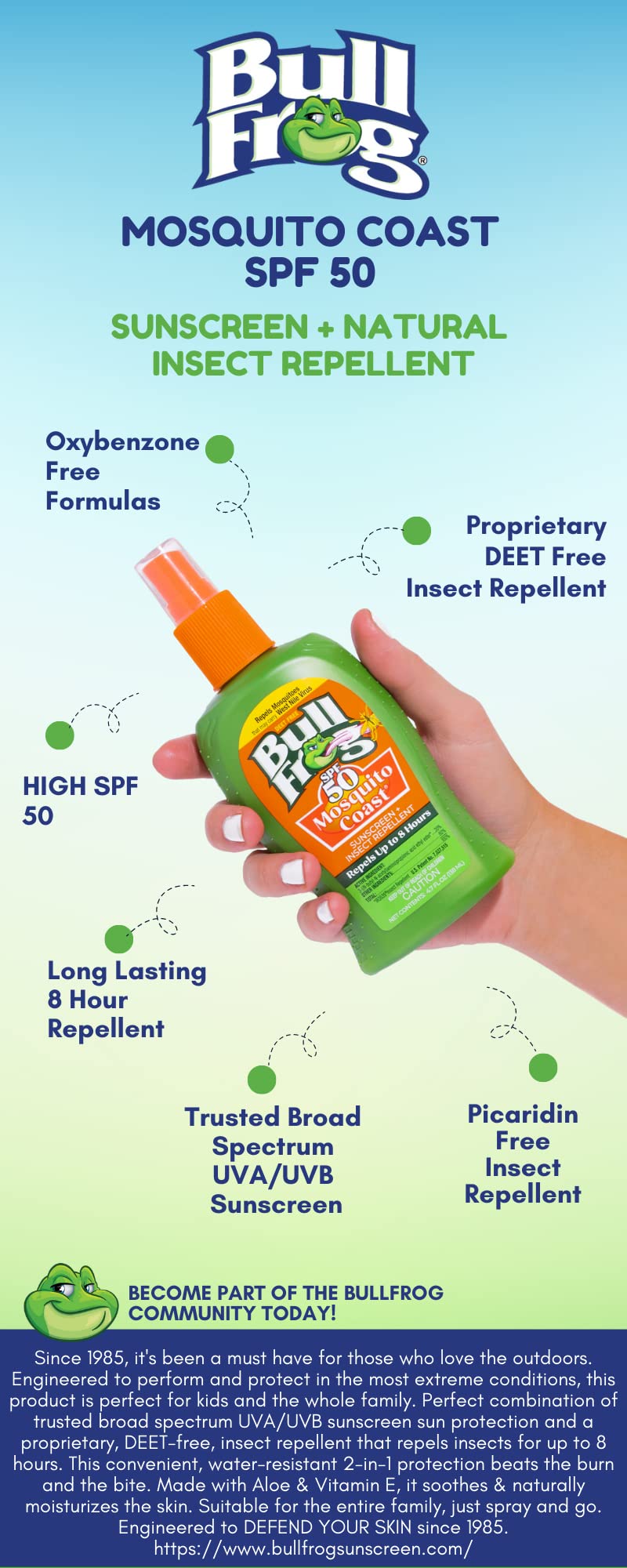 Bullfrog Mosquito Coast outdoor-use scene demonstrates combined sun and bug protection.