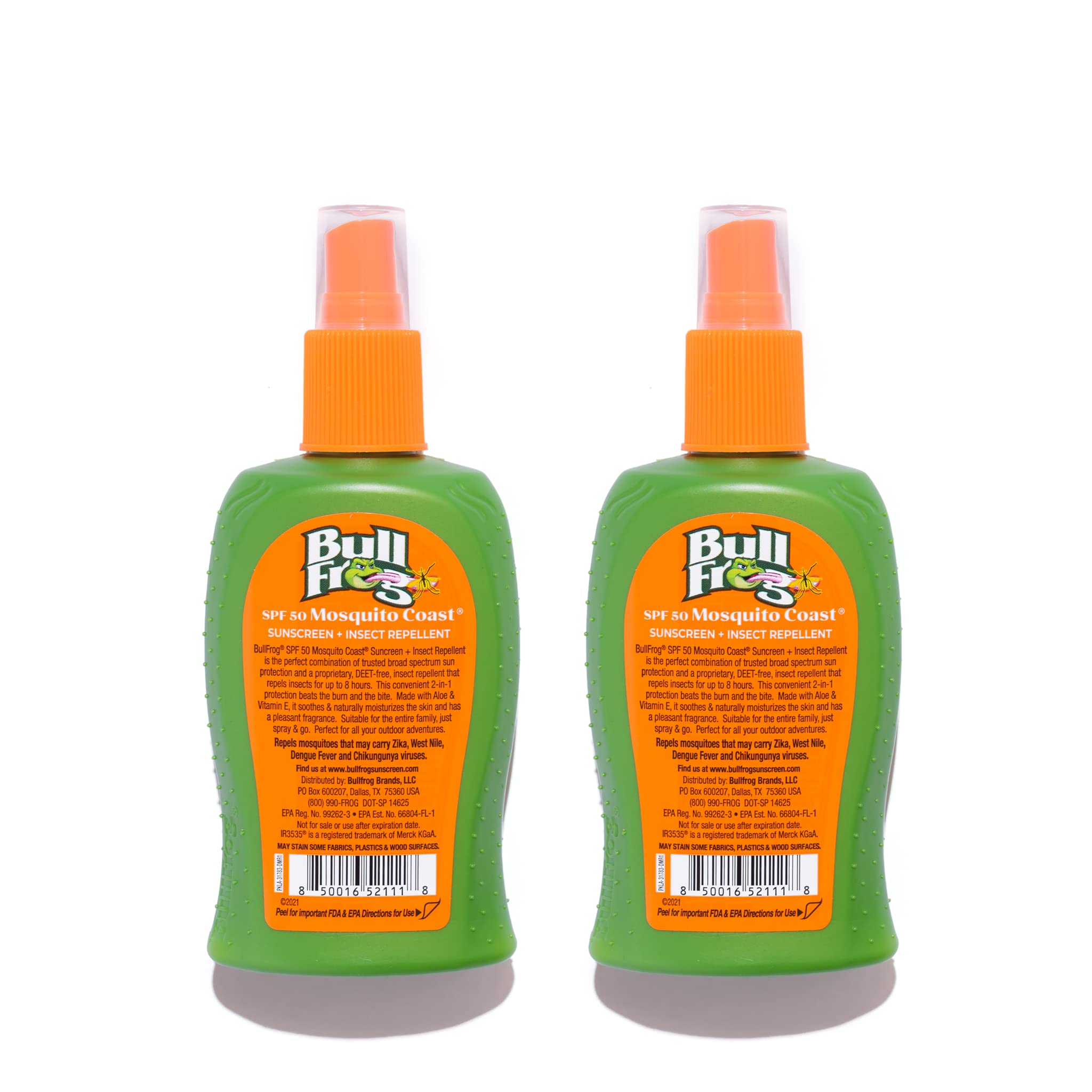 Bullfrog Mosquito Coast label highlights SPF 50 sunscreen and bug repellent benefits.