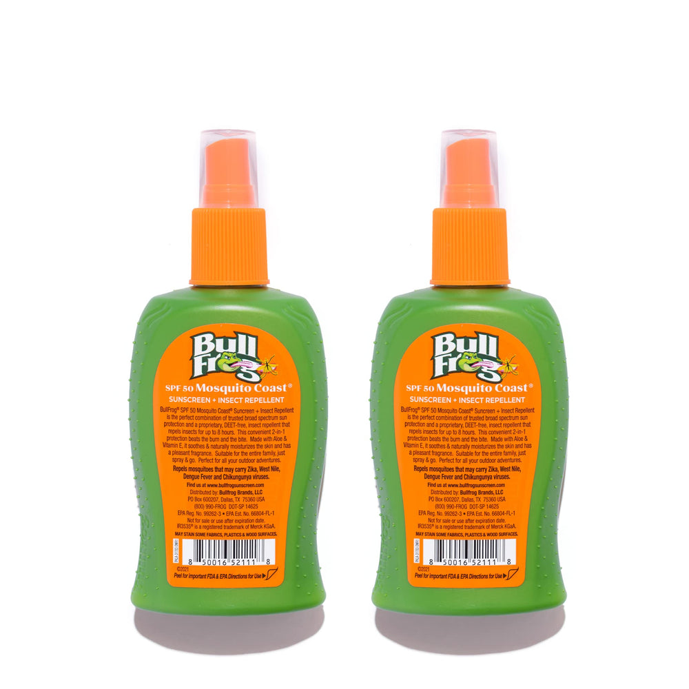 Bullfrog Mosquito Coast label highlights SPF 50 sunscreen and bug repellent benefits.