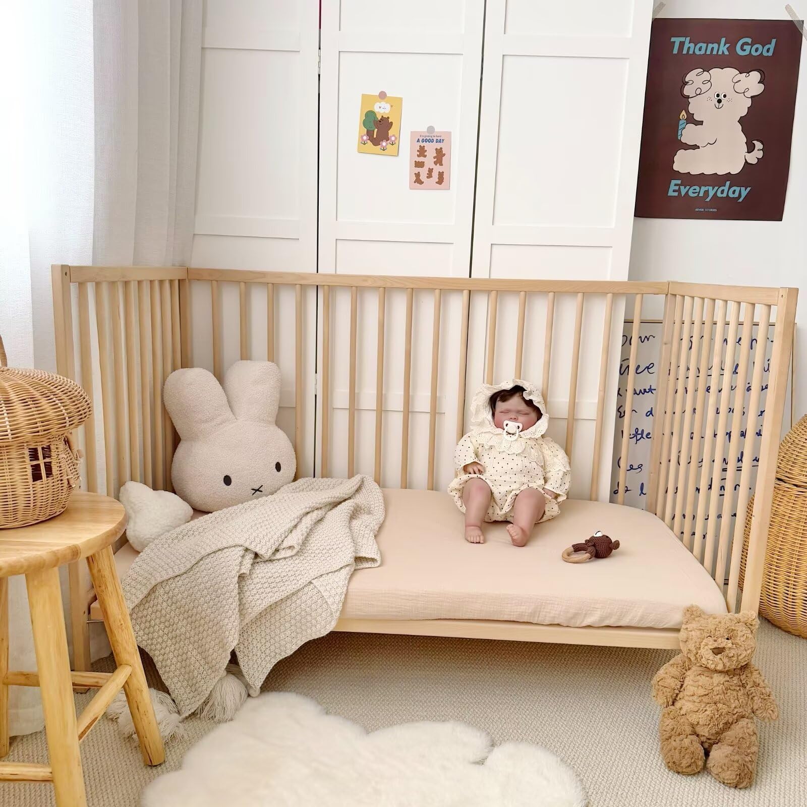 BuLuTu beige rabbit-pattern nursery sheet in boho-neutral tones.