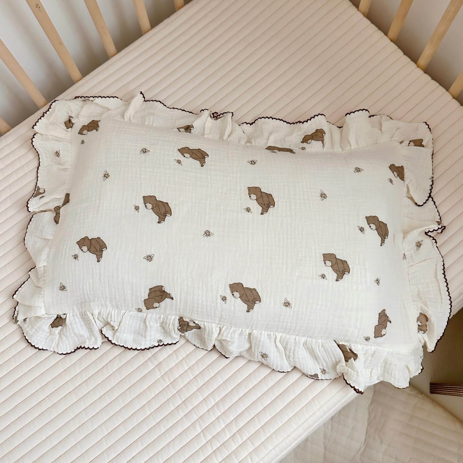 BuLuTu cartoon bear pillowcase in 20x14 toddler size, soft muslin for gentle sleep.