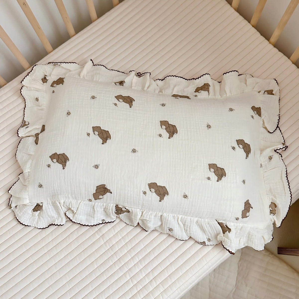 BuLuTu cartoon bear pillowcase in 20x14 toddler size, soft muslin for gentle sleep.