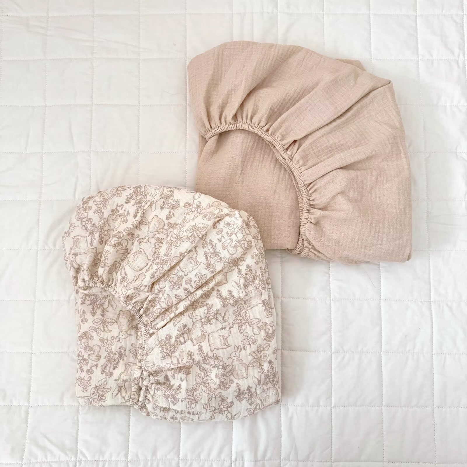 BuLuTu crib sheets rabbit-beige print for a calming nursery vibe.