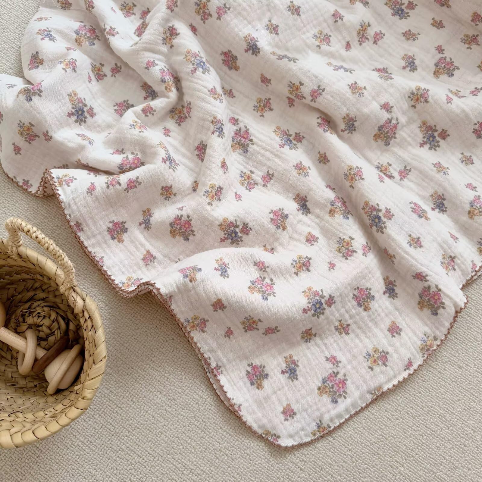 BuLuTu Muslin Cotton Baby Blanket with tuberose pattern highlights chic nursery style.