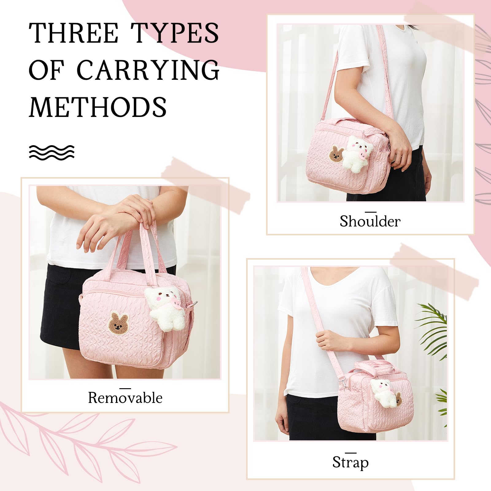 Bulyoou diaper bag tote pink convertible carry—versatile, fits tote, shoulder, and crossbody wear