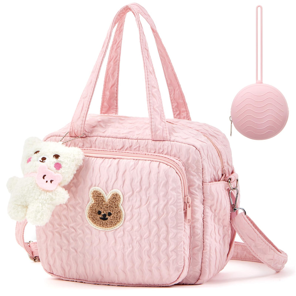 Bulyoou diaper bag tote pink front view—compact travel-ready carryall for parents