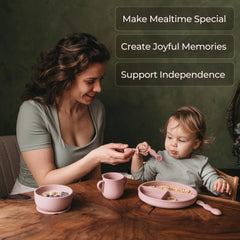 Bumble Bowl silicone baby plate showing a durable skin-friendly surface for textured foods.