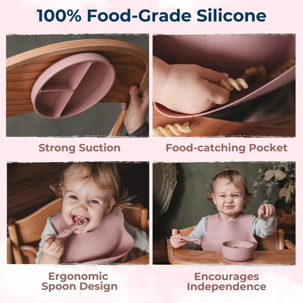 Bumble Bowl suction bowl stabilizes meals during independent feeding.