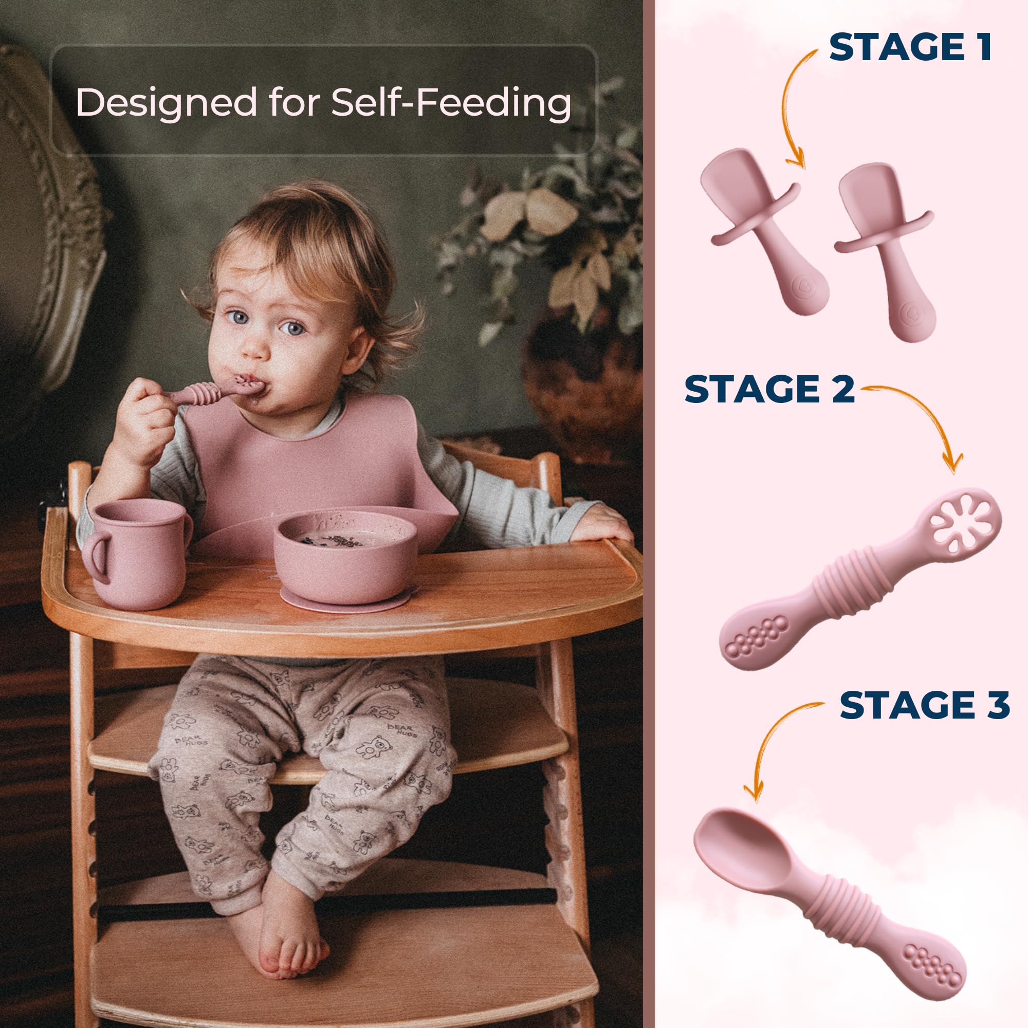 Bumble Bowl training spoons guiding tiny hands toward self-feeding milestones.
