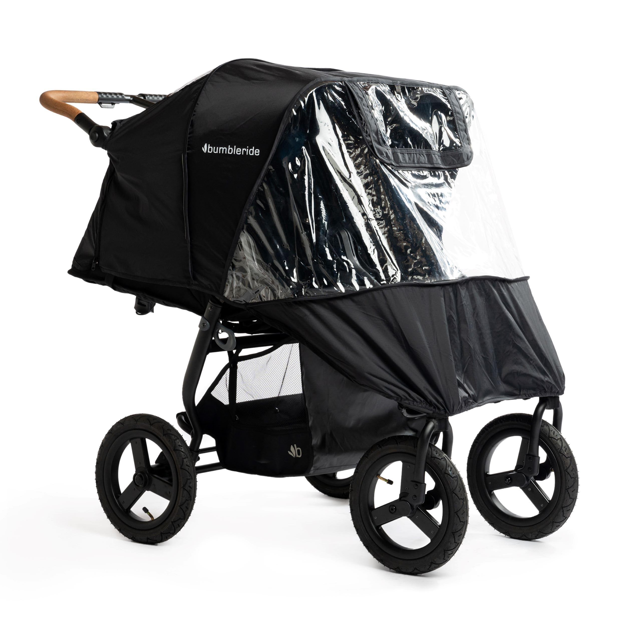 Bumbleride Indie Twin rain cover with roll-up front window offers easy access and weather protection.