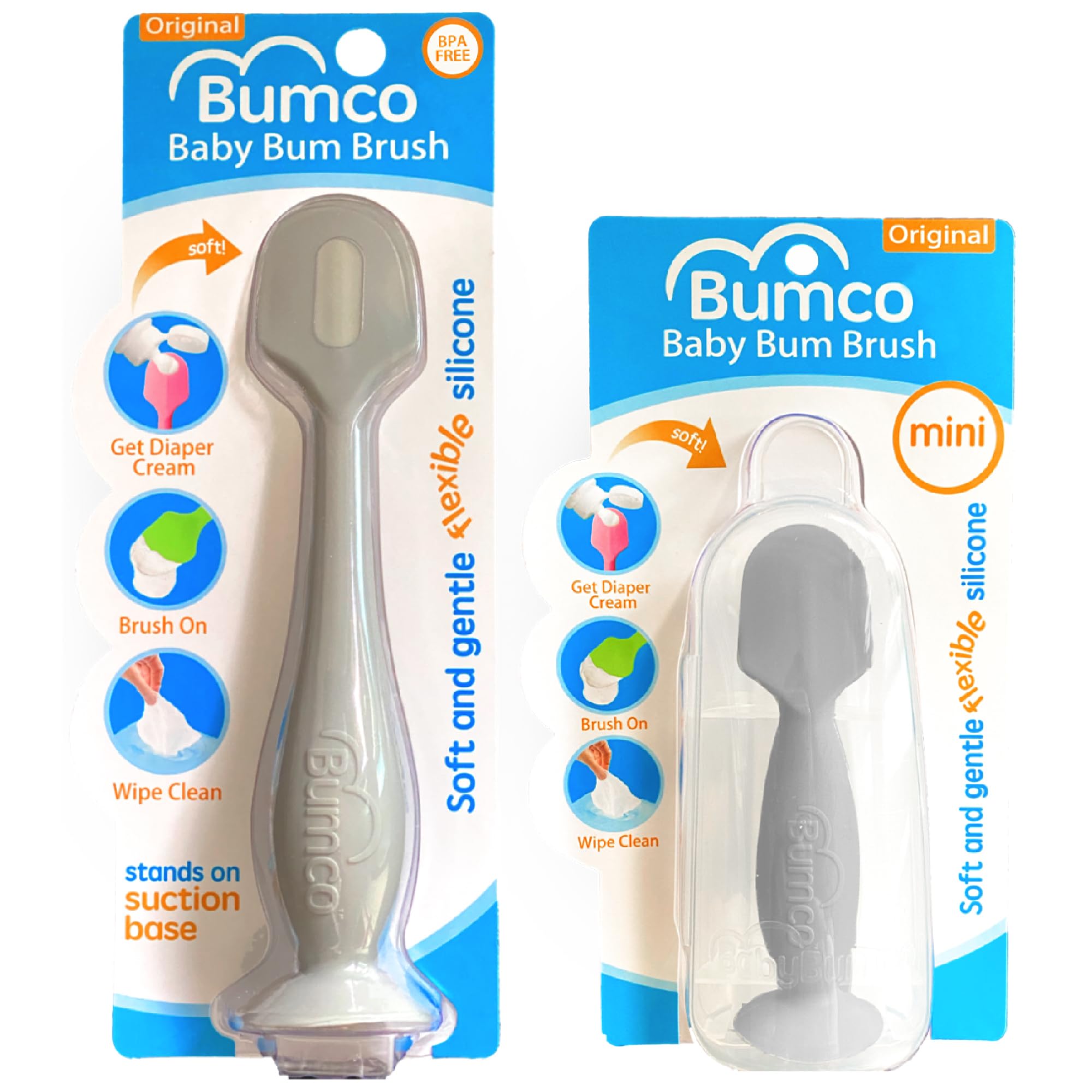 Bumco Baby Bum Brush gray with soft silicone for gentle diaper cream application.
