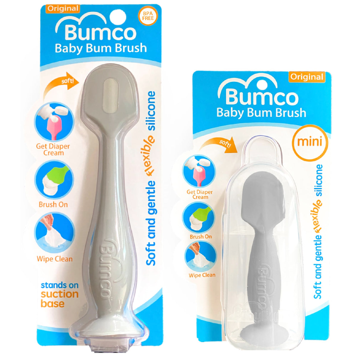 Bumco Baby Bum Brush gray with soft silicone for gentle diaper cream application.