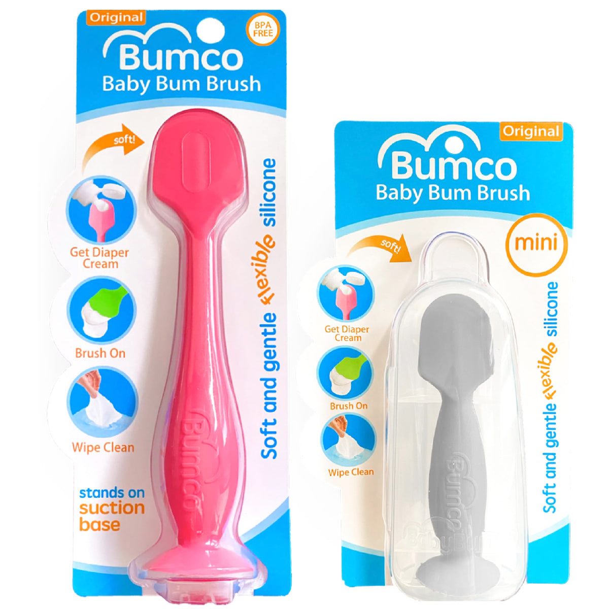Bumco Baby Bum Brush set with case for hygienic diaper cream application on the go.