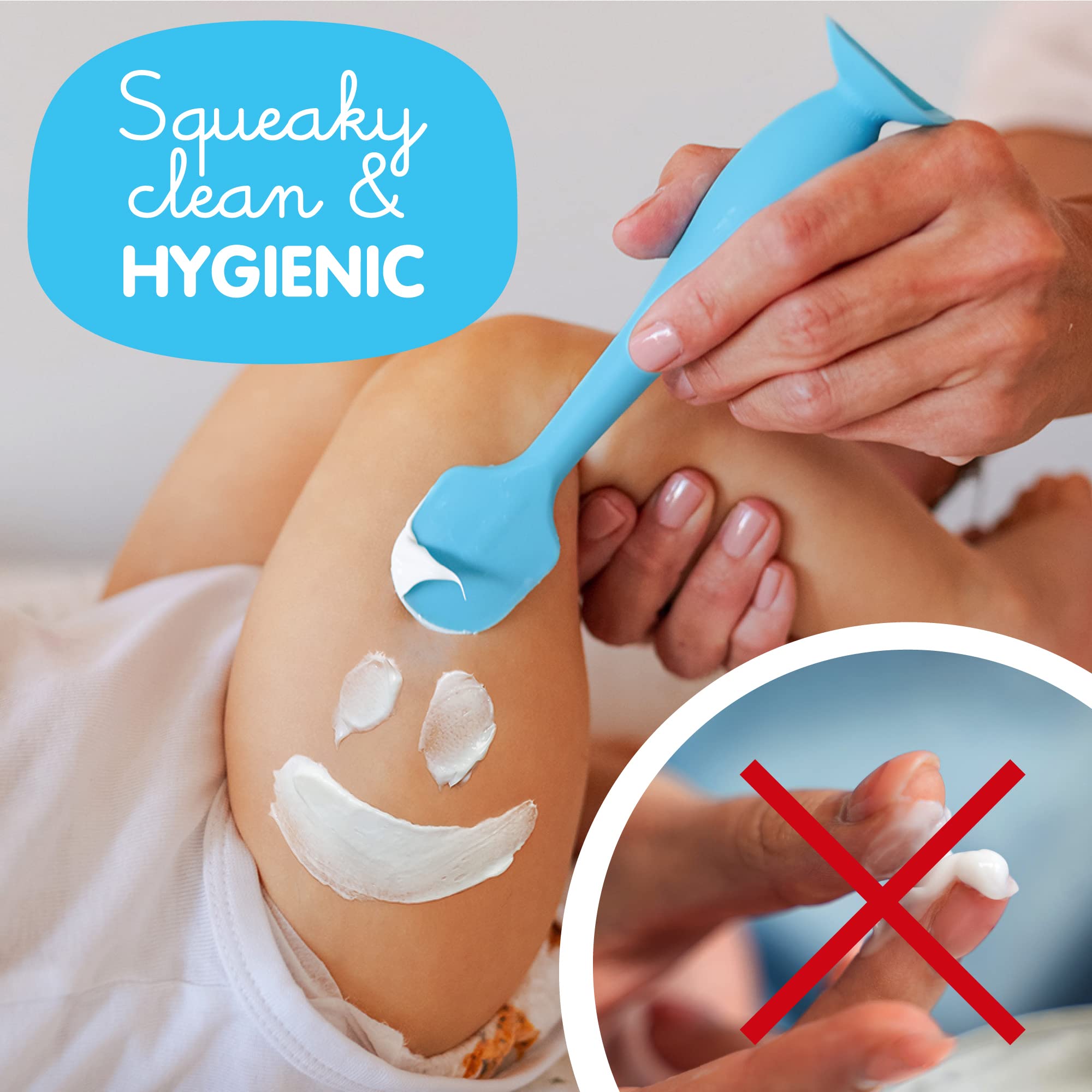 Bumco soft silicone spatula gliding smoothly on baby's skin