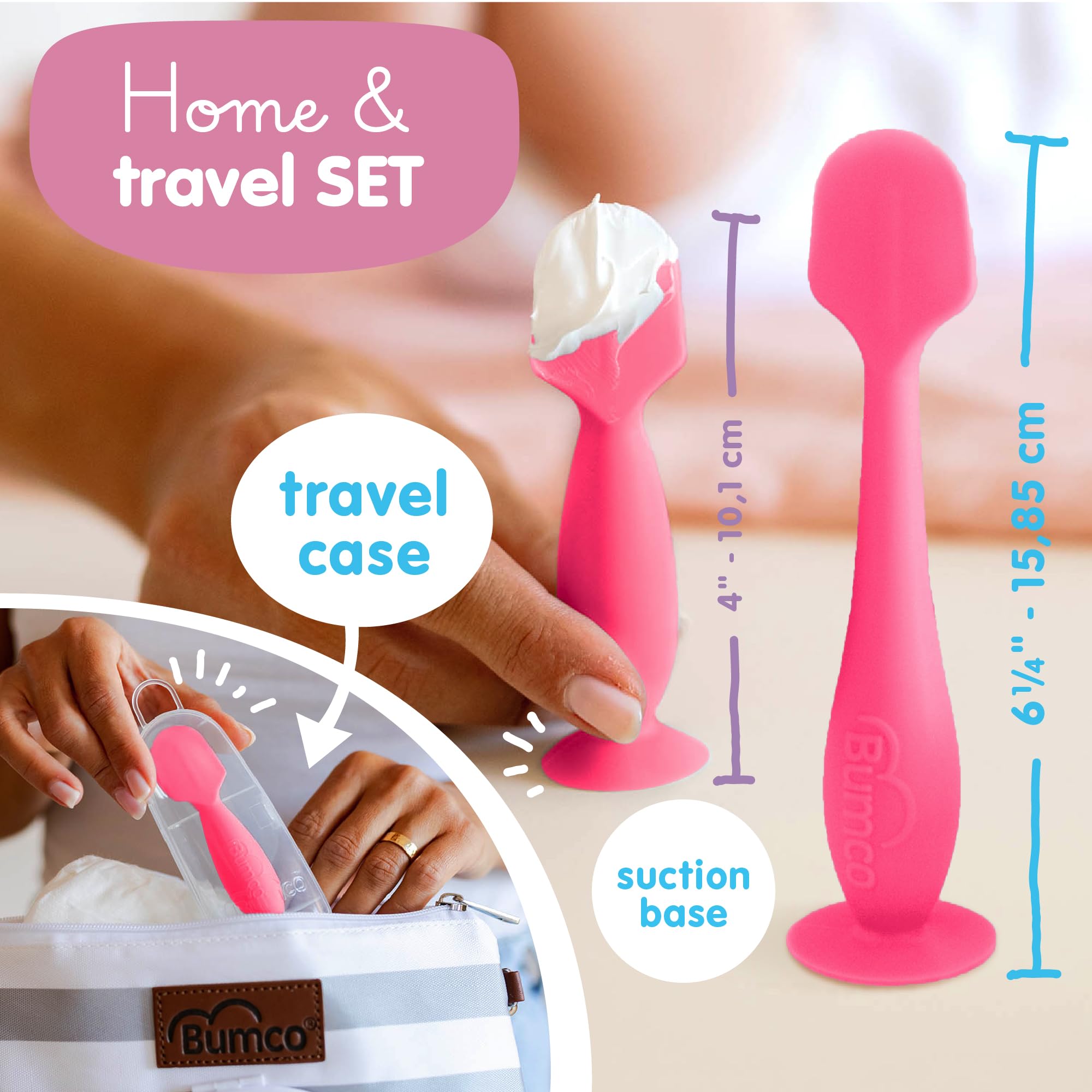 Bumco soft silicone applicator gently applies diaper cream to delicate skin.