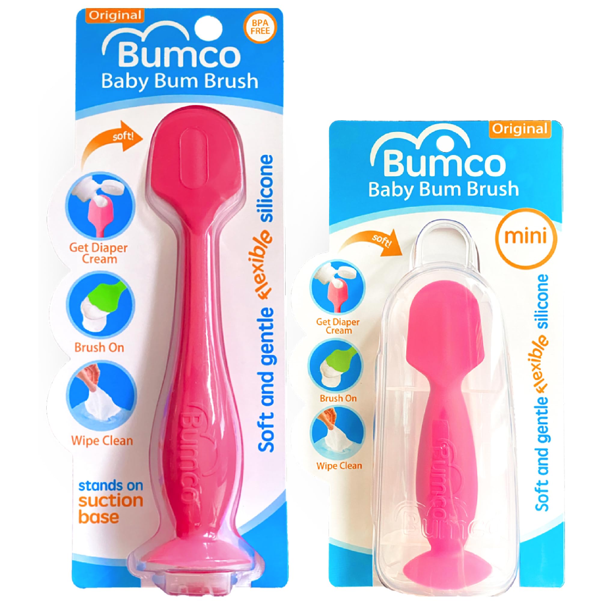 Bumco Baby Bum Brush with suction-base keeps hands clean during diaper changes.