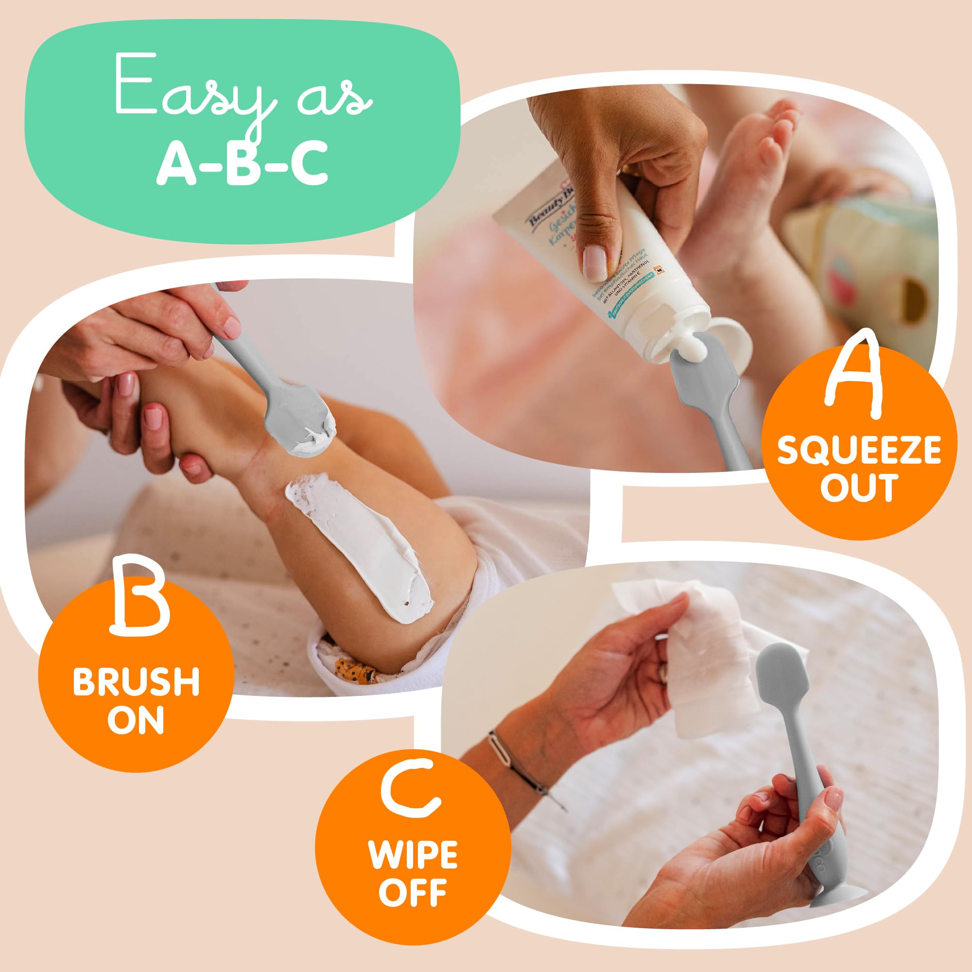 Baby Bum Brush spatula is wipe-clean for quick sanitizing.