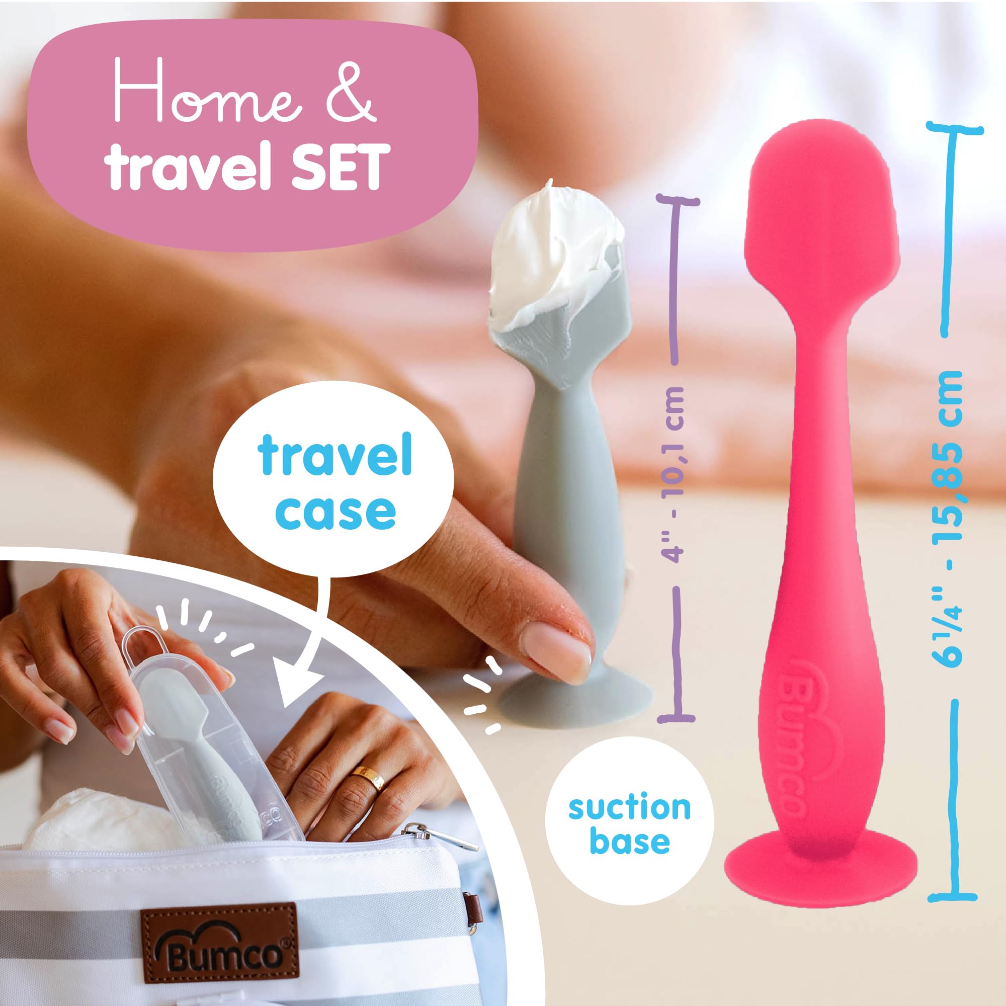 Bumco suction-base butt spatula stands upright for mess-free use.