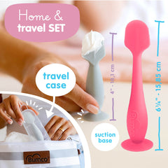 Bumco suction-base butt spatula stands upright for mess-free use.