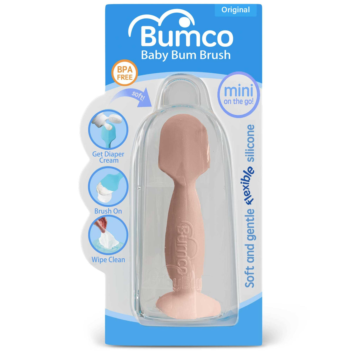 Bumco mini diaper cream spatula in dusty pink case for clean diaper changes.