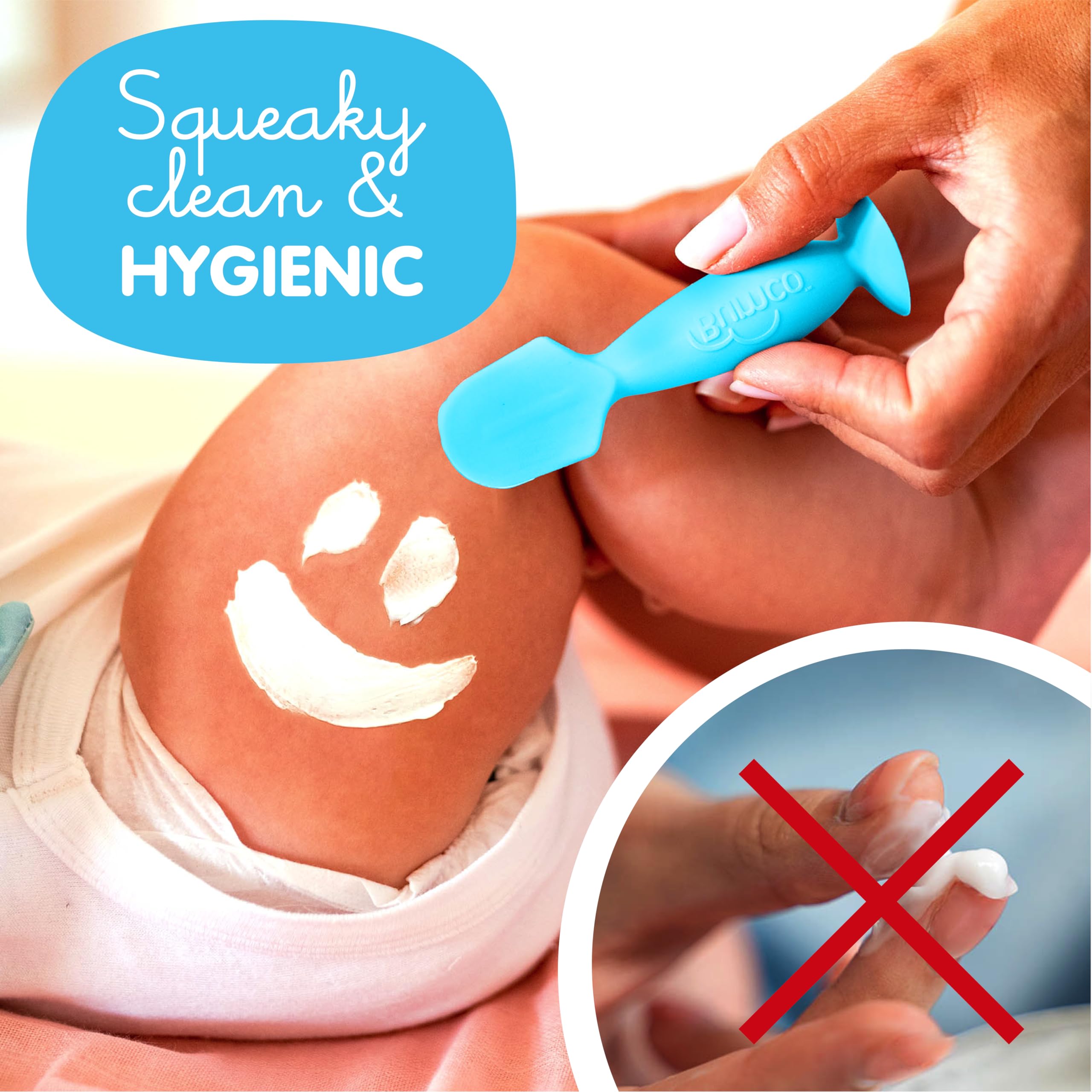 Bumco Mini Spatula suction base holds upright during diaper changes.