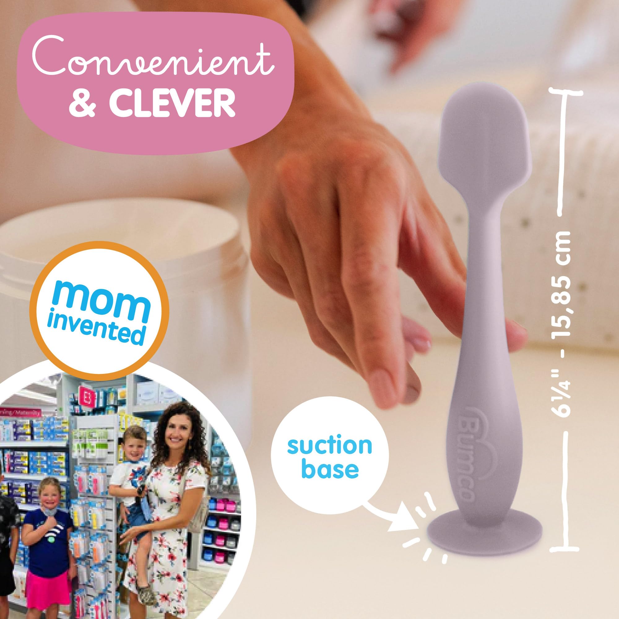 Bumco soft silicone spatula provides flexible, skin-friendly cream application.