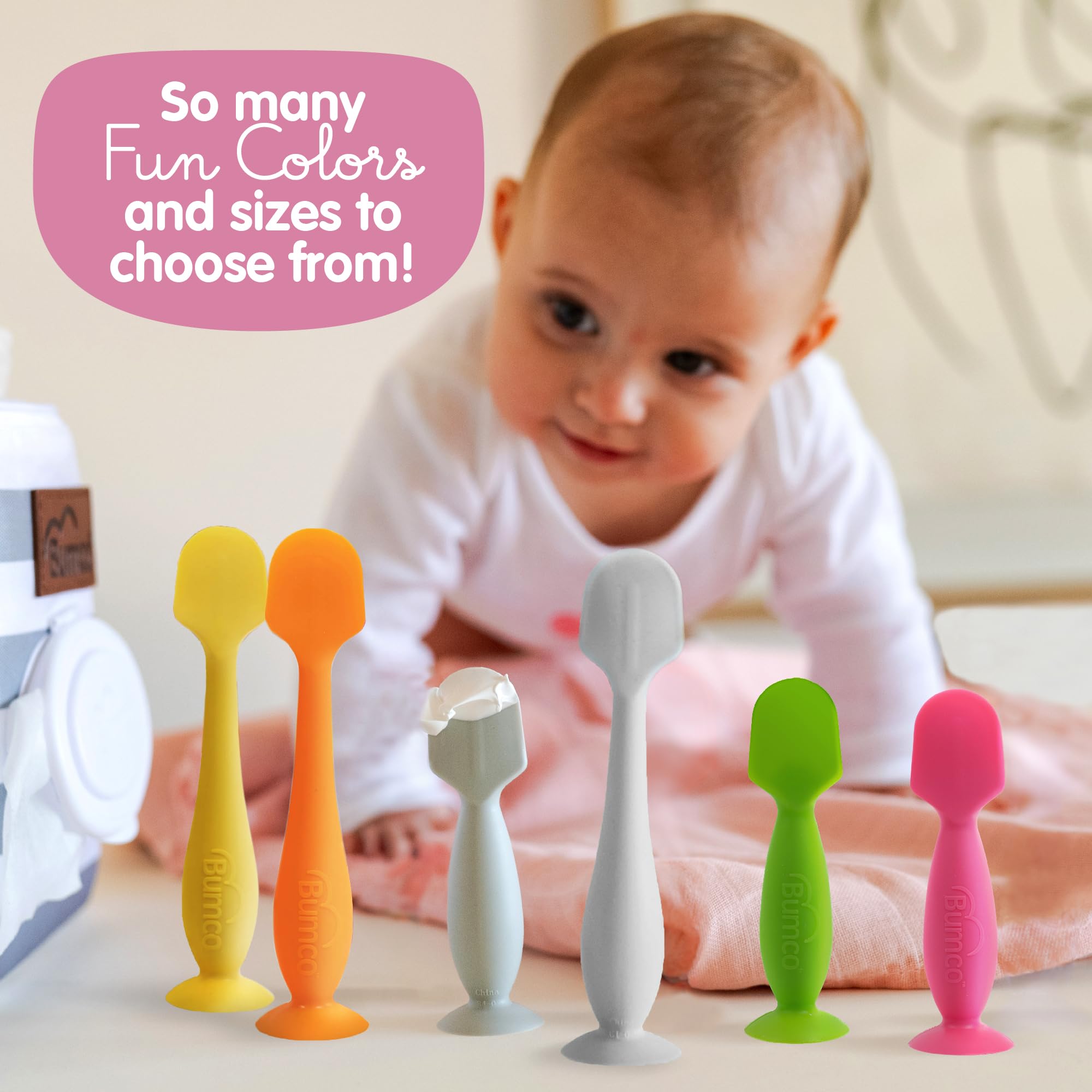 Bumco suction-base for upright, mess-free diaper cream spreading.