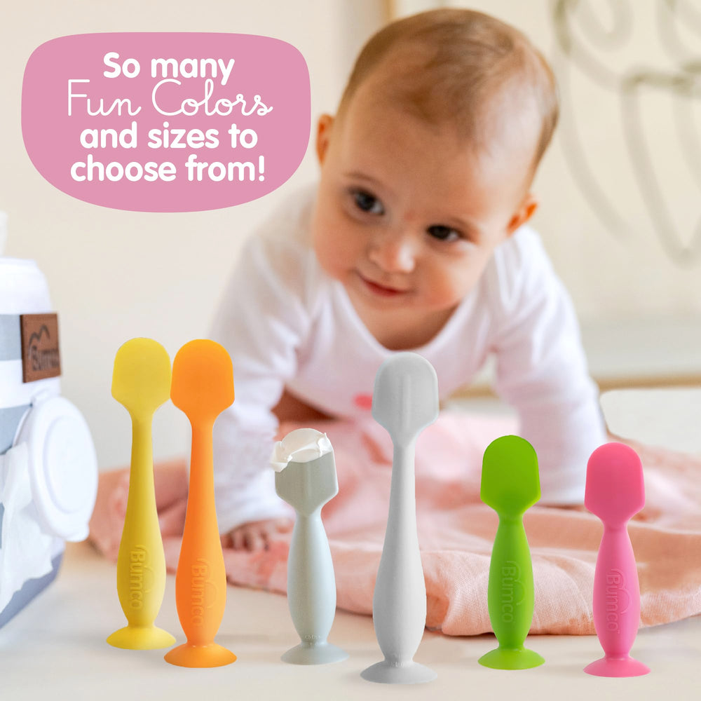 Bumco suction-base for upright, mess-free diaper cream spreading.