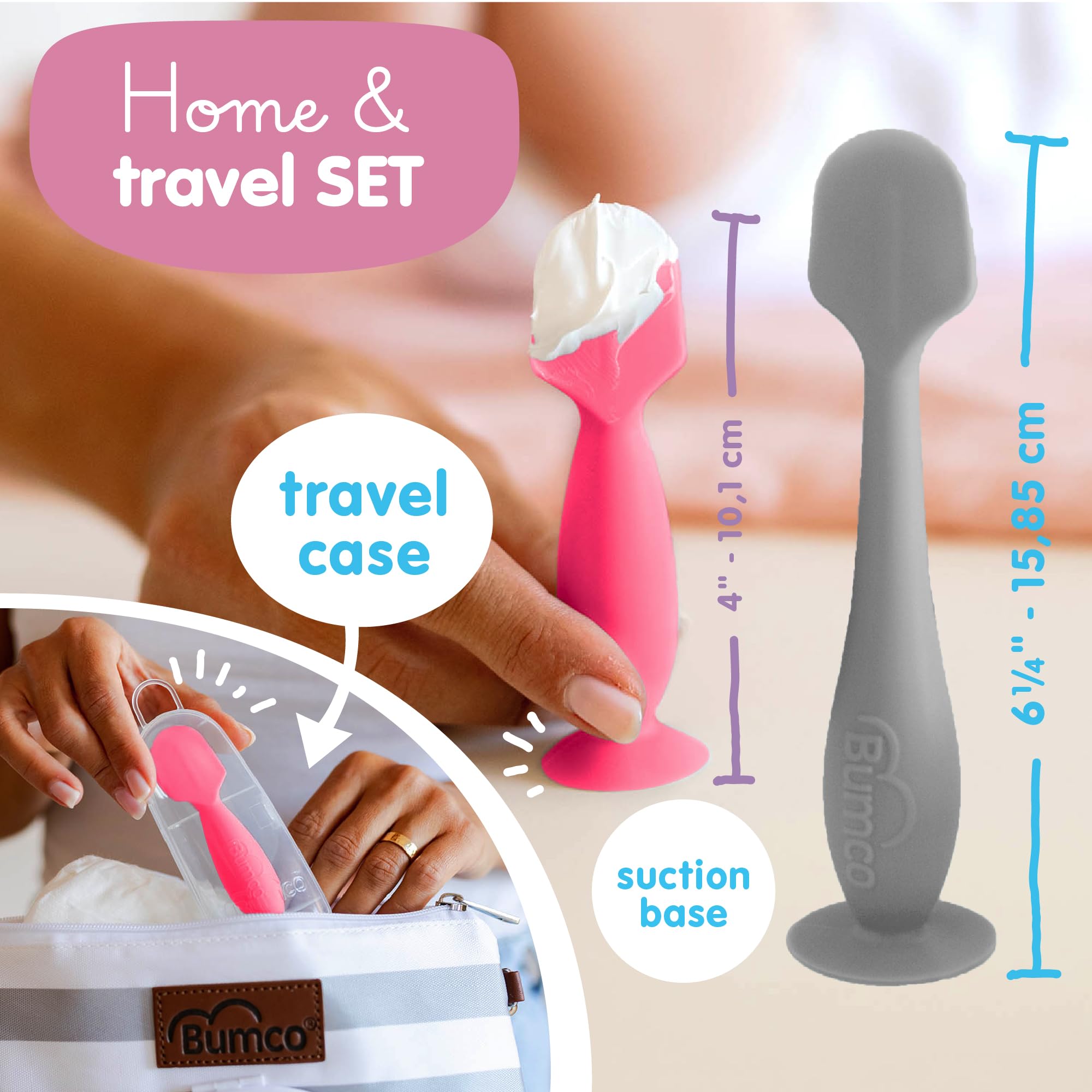 Bumco travel case with spatulas keeps tools organized in a diaper bag.