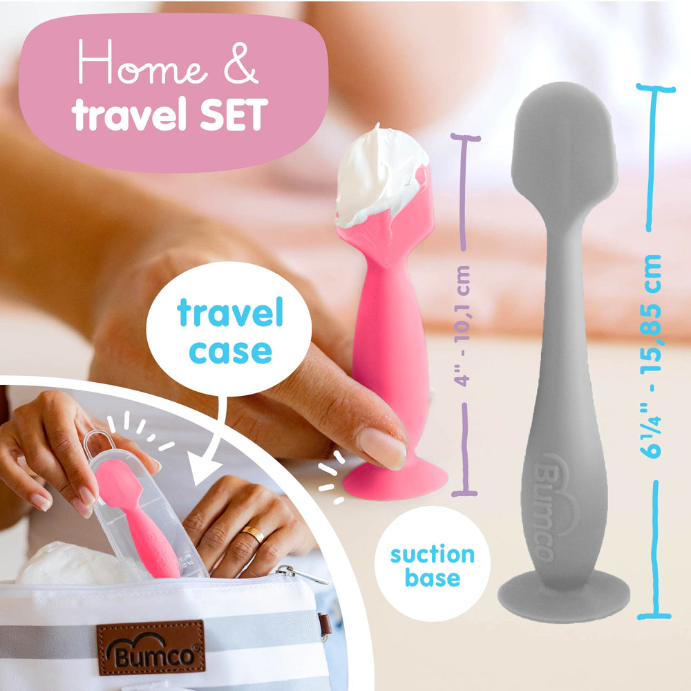 Bumco travel case with spatulas keeps tools organized in a diaper bag.