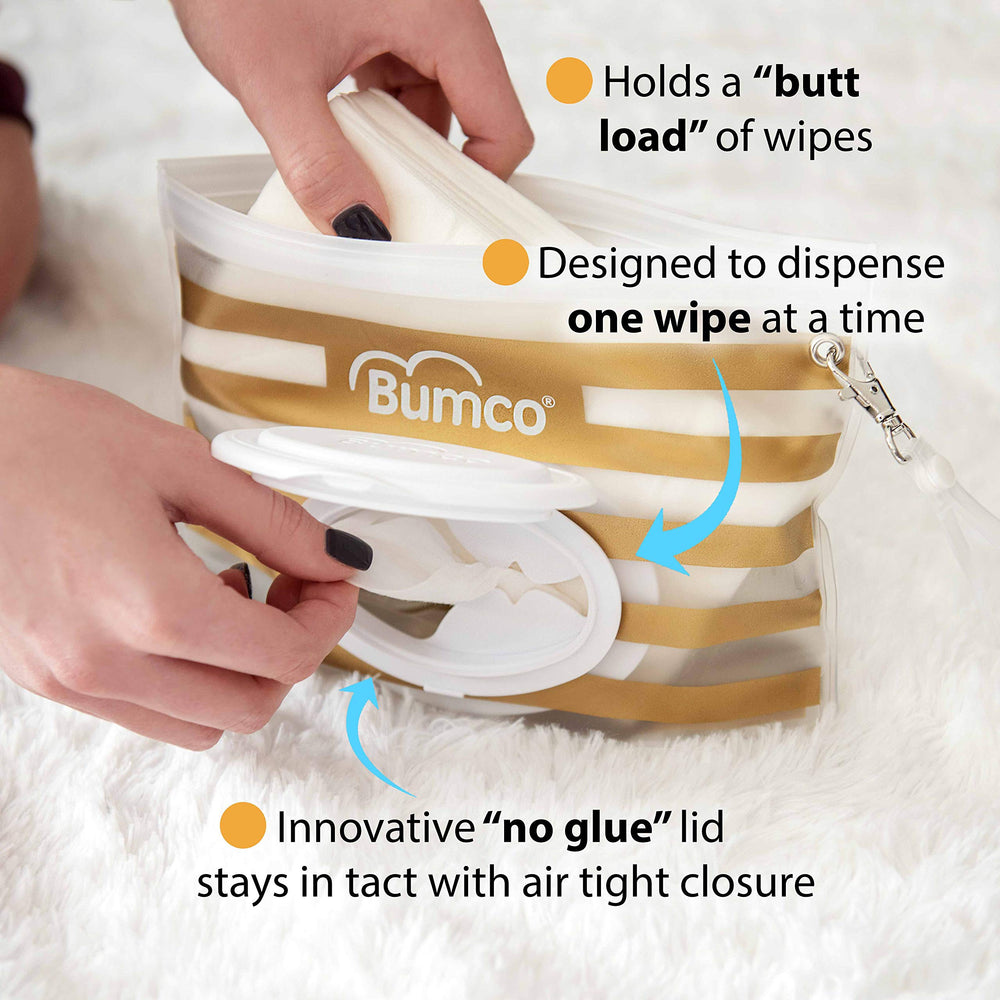 Bumco wipes pouch inside a diaper bag showing compact travel size