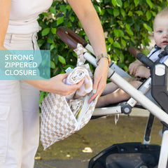 Bumkins 4-pack packaging shown in beige-check design adds stylish travel-ready storage.