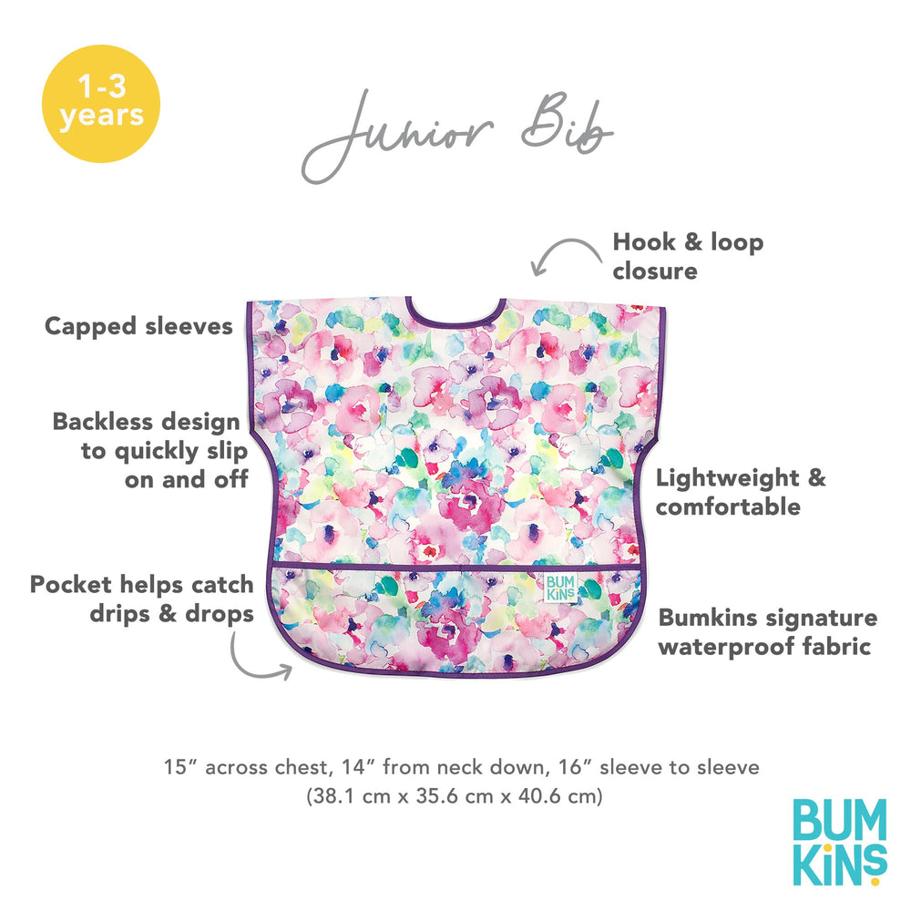 Bumkins bib is machine washable for quick cleanup after messy meals.