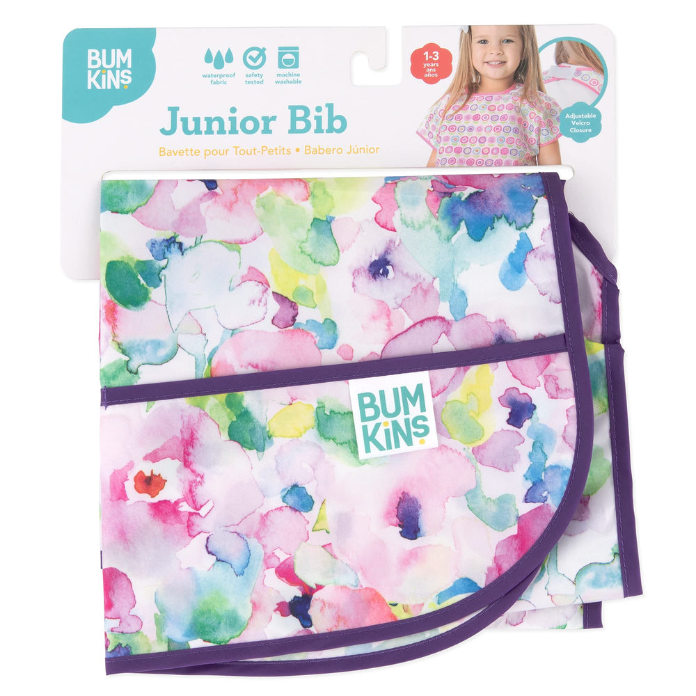 Bumkins short sleeve bib offers large coverage for ages 1 to 3.