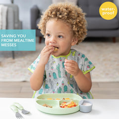 Bumkins bib features back closure for quick, adjustable fit.