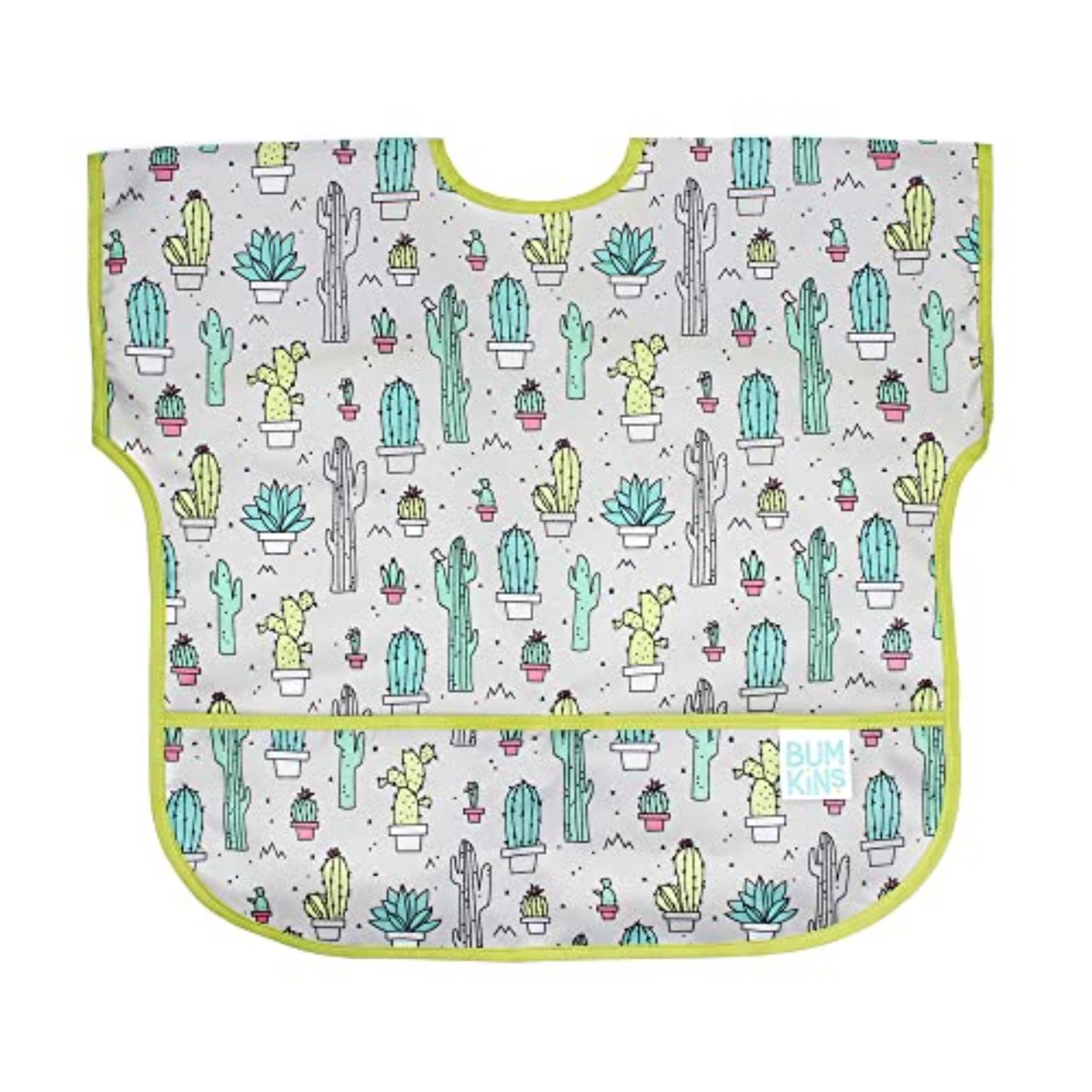 Bumkins bib shows crumb catcher pocket catching spills during meals.