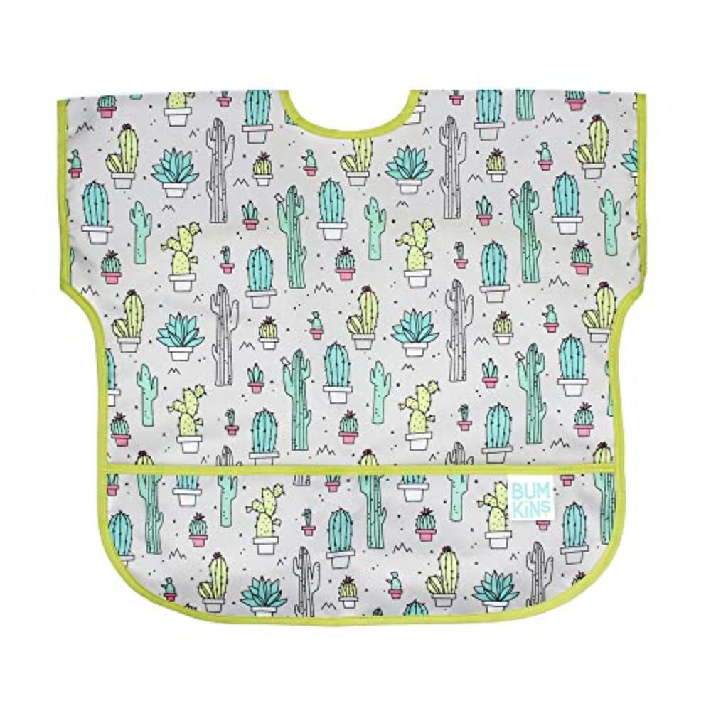 Bumkins bib shows crumb catcher pocket catching spills during meals.