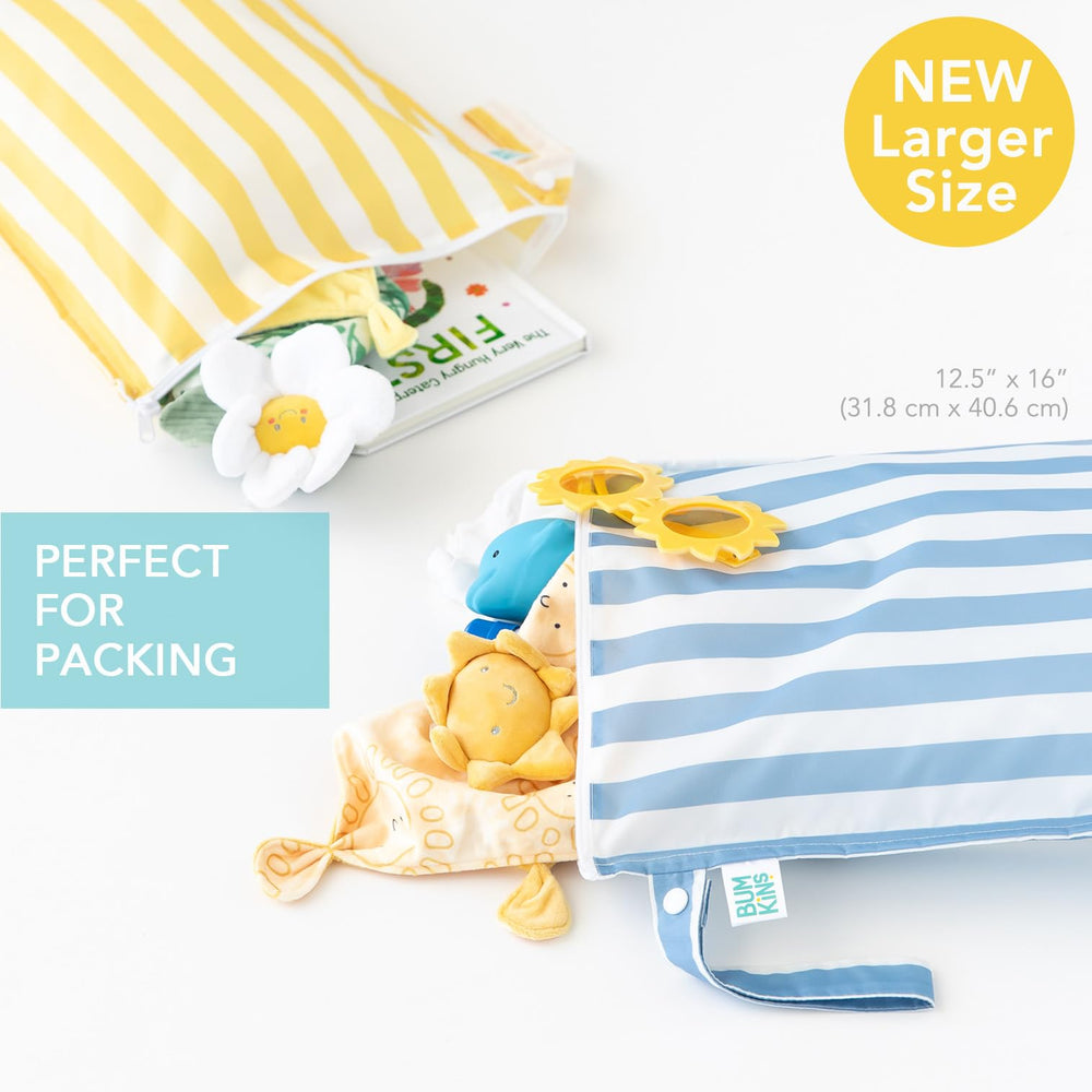 Bumkins wet bag yellow stripe attached to stroller for easy access
