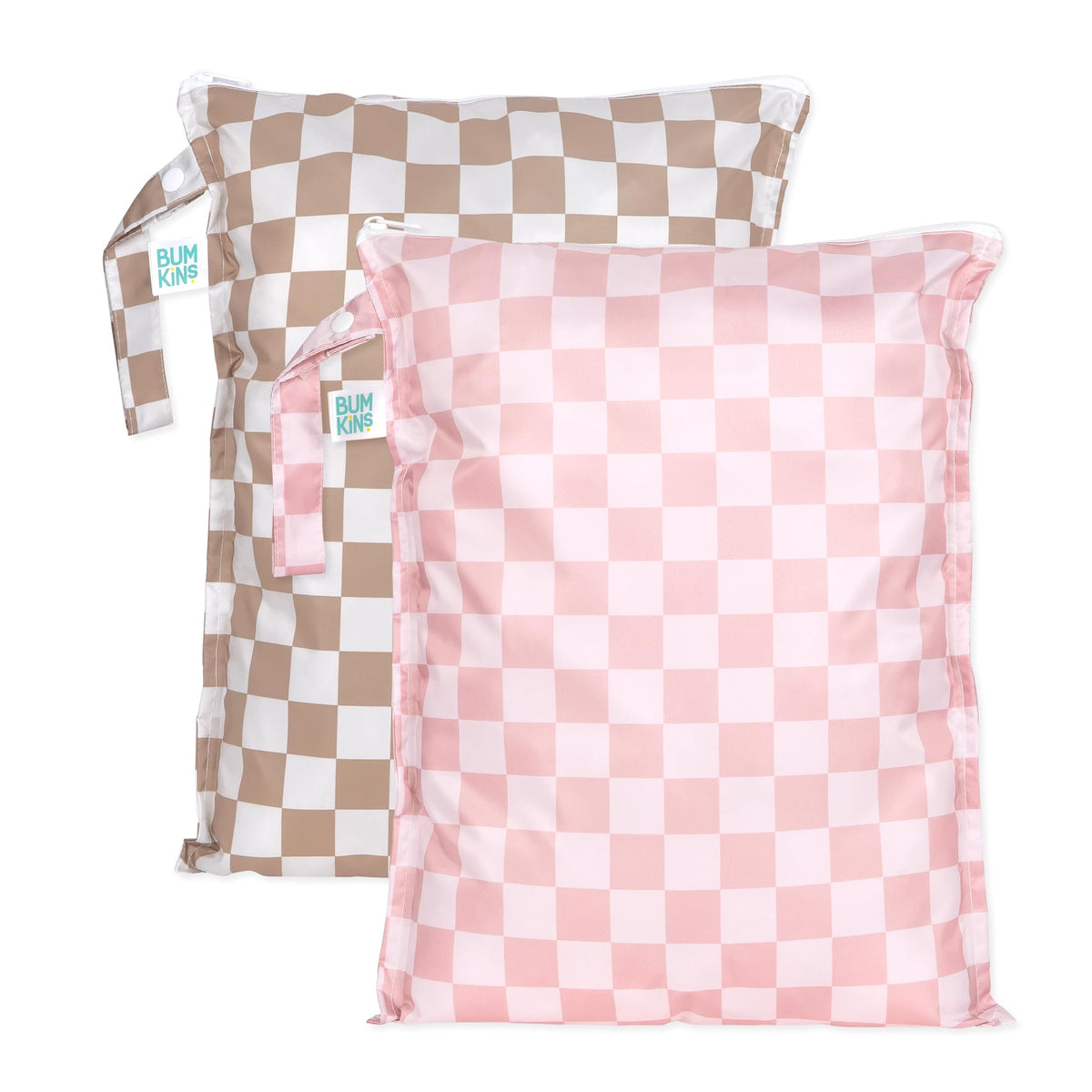 Bumkins Larger Wet Bag beige check open shows spacious interior for travel organization.