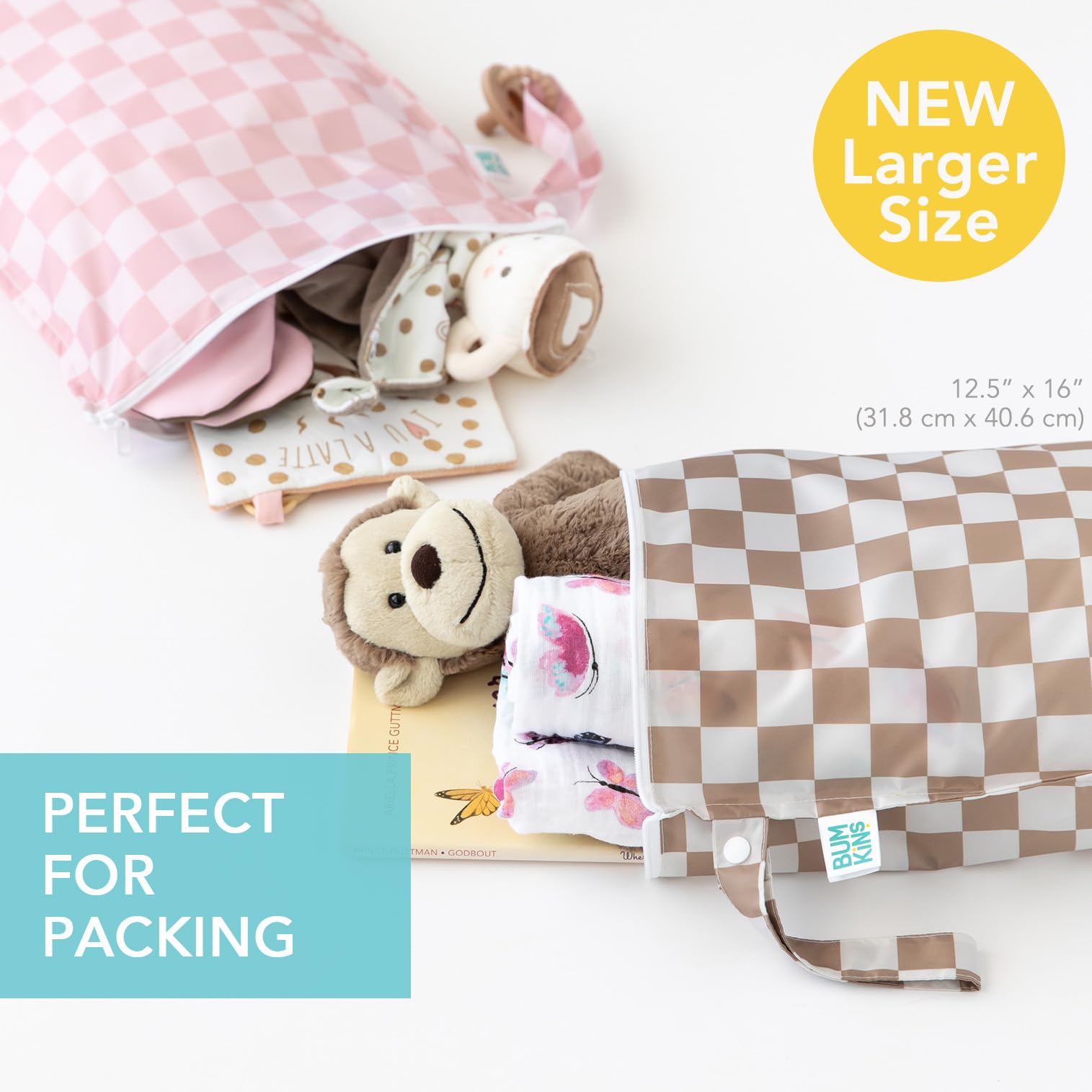 Bumkins Larger Wet Bag beige check with snap handle attached to a stroller for on-the-go use.