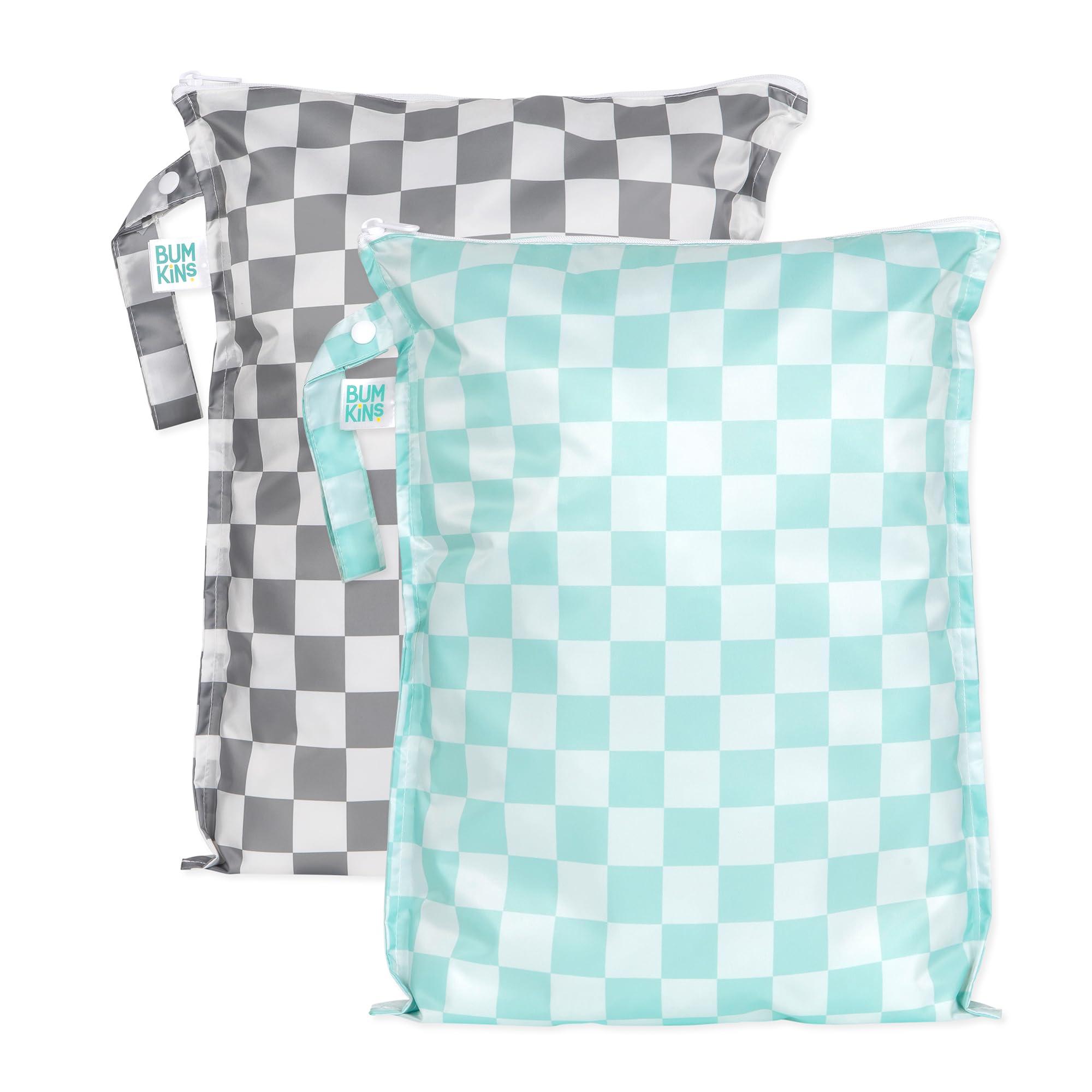 Bumkins larger wet bag gray-check strapped to stroller for travel organization.