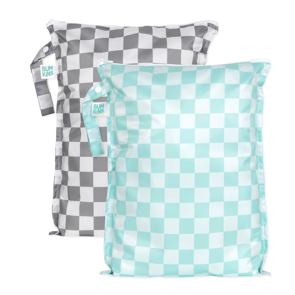 Bumkins larger wet bag gray-check strapped to stroller for travel organization.
